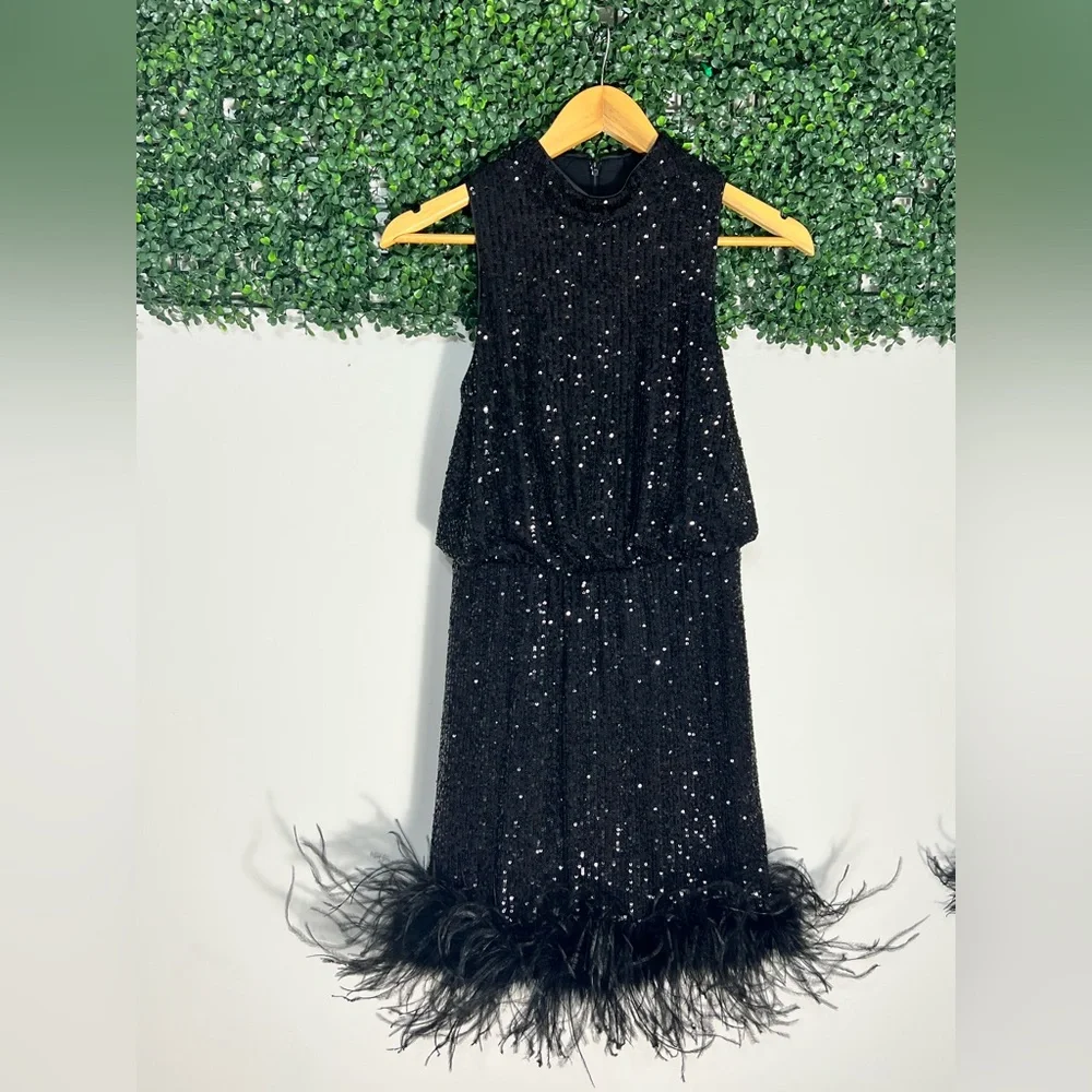 Eliza J Black Sequined Mini Cocktail Party Feather Bottom Dress Size 4 - Picture 4 of 14
